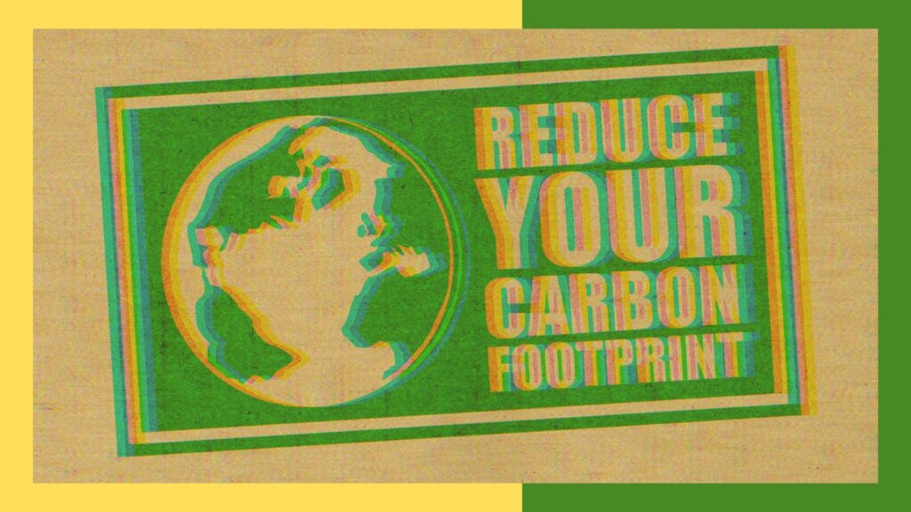 ROSCon Carbon Footprint Yellow and Green frame around a graphic display of a globe that says reduce your carbon footprint