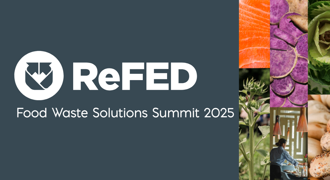 Blue background on the right with a colorful collage off food. Text: ReFED Food Waste Solutions Summit 2025