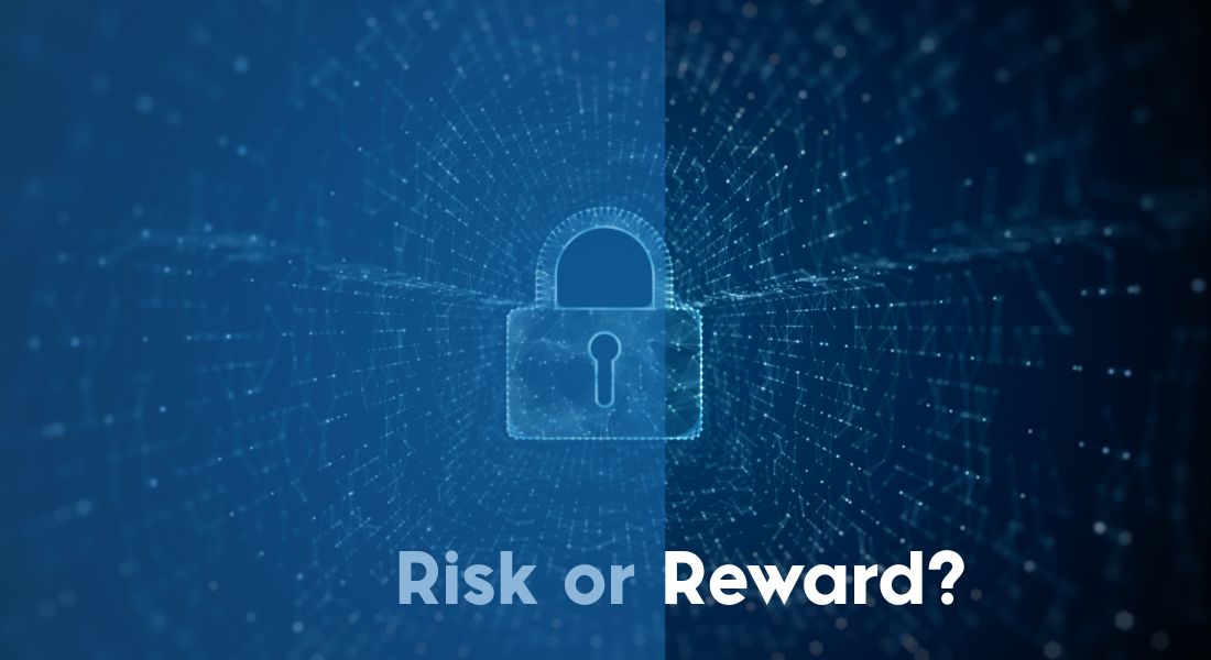 Blue background with lights and light blue lock Text: Risk or Reward?