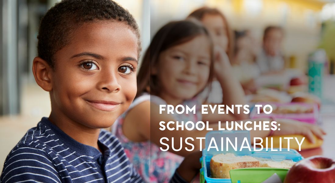 School children sitting at lunch smiling - Overlay text "From Events to School Lunches: Sustainability"