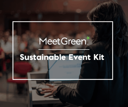 A female speaker facing an audience Text: Sustainable Event Kit