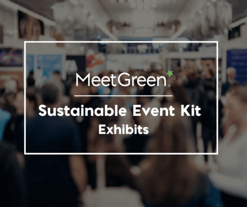 Attendees at an exhibit hall Text: Sustainable Event Kit - Exhibits