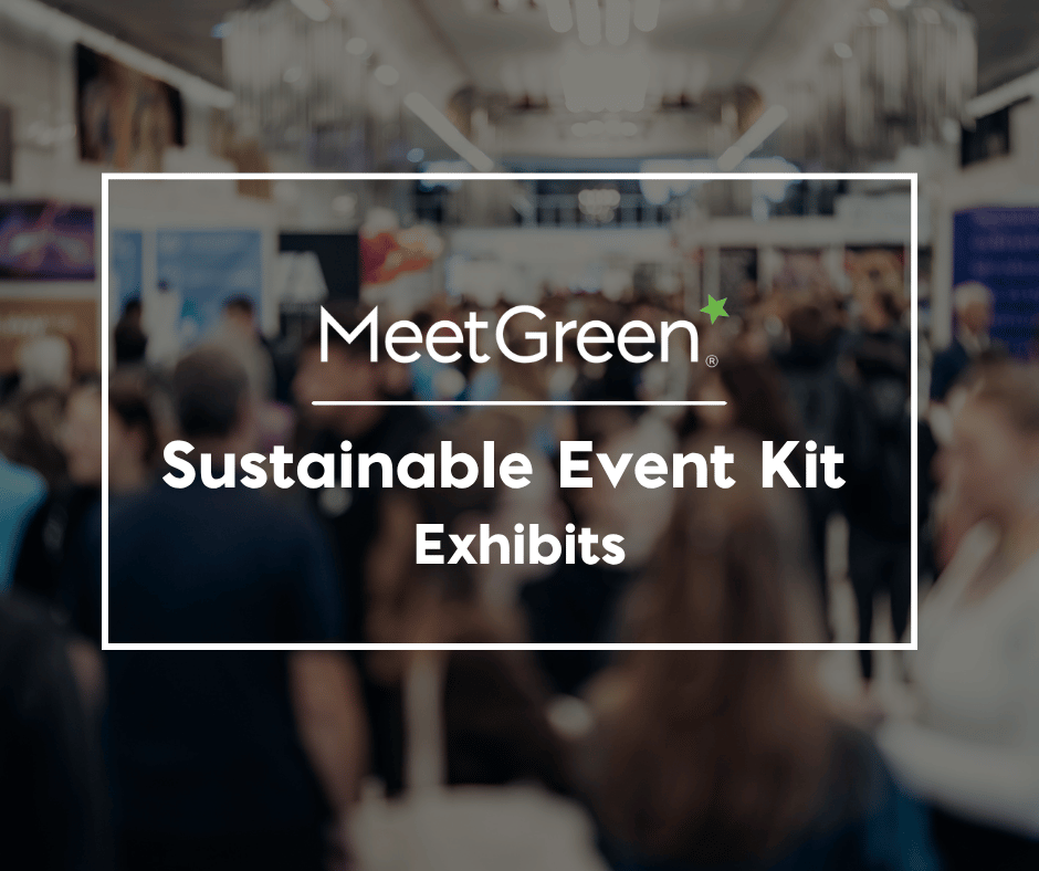 Attendees at an exhibit hall Text: Sustainable Event Kit - Exhibits