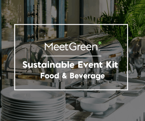 A buffet table with dishes and serving trays Text: Sustainable Event Kit - Food & Beverage