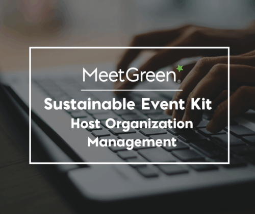 Hands typing on a keyboard Text: Sustainable Event Kit - Host Organization Management