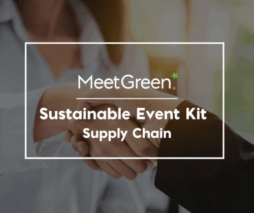 A woman shaking someone's hand Text: Sustainable Event Kit - Supply Chain