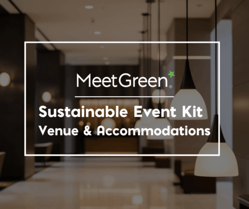 A hotel corridor with hanging lights Text: Sustainable Event Kit - Venue & Accommodations