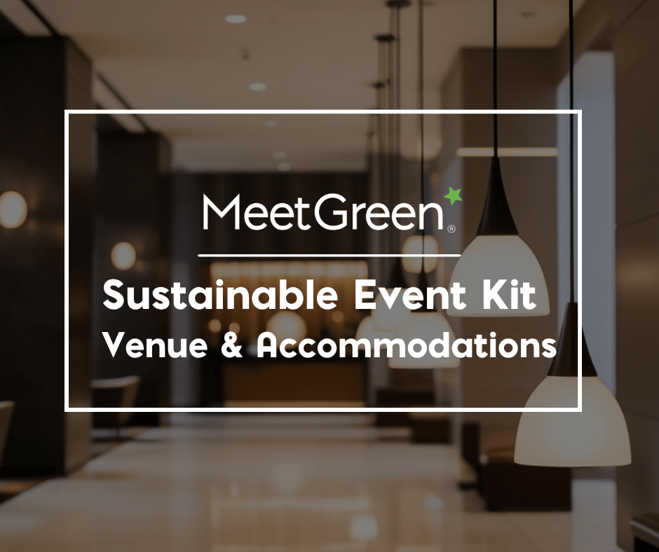 A hotel corridor with hanging lights Text: Sustainable Event Kit - Venue & Accommodations
