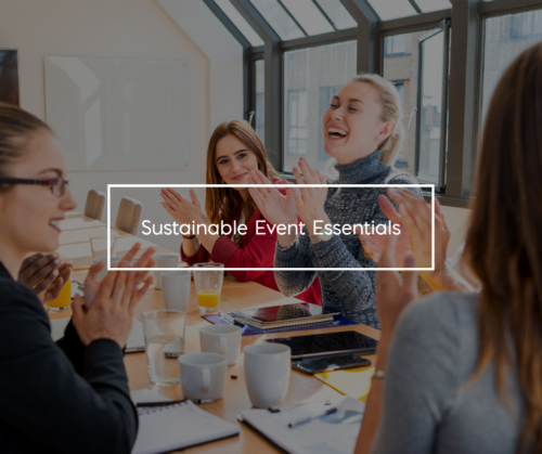 A group of people clapping at a table Text: Sustainable Event Essentials